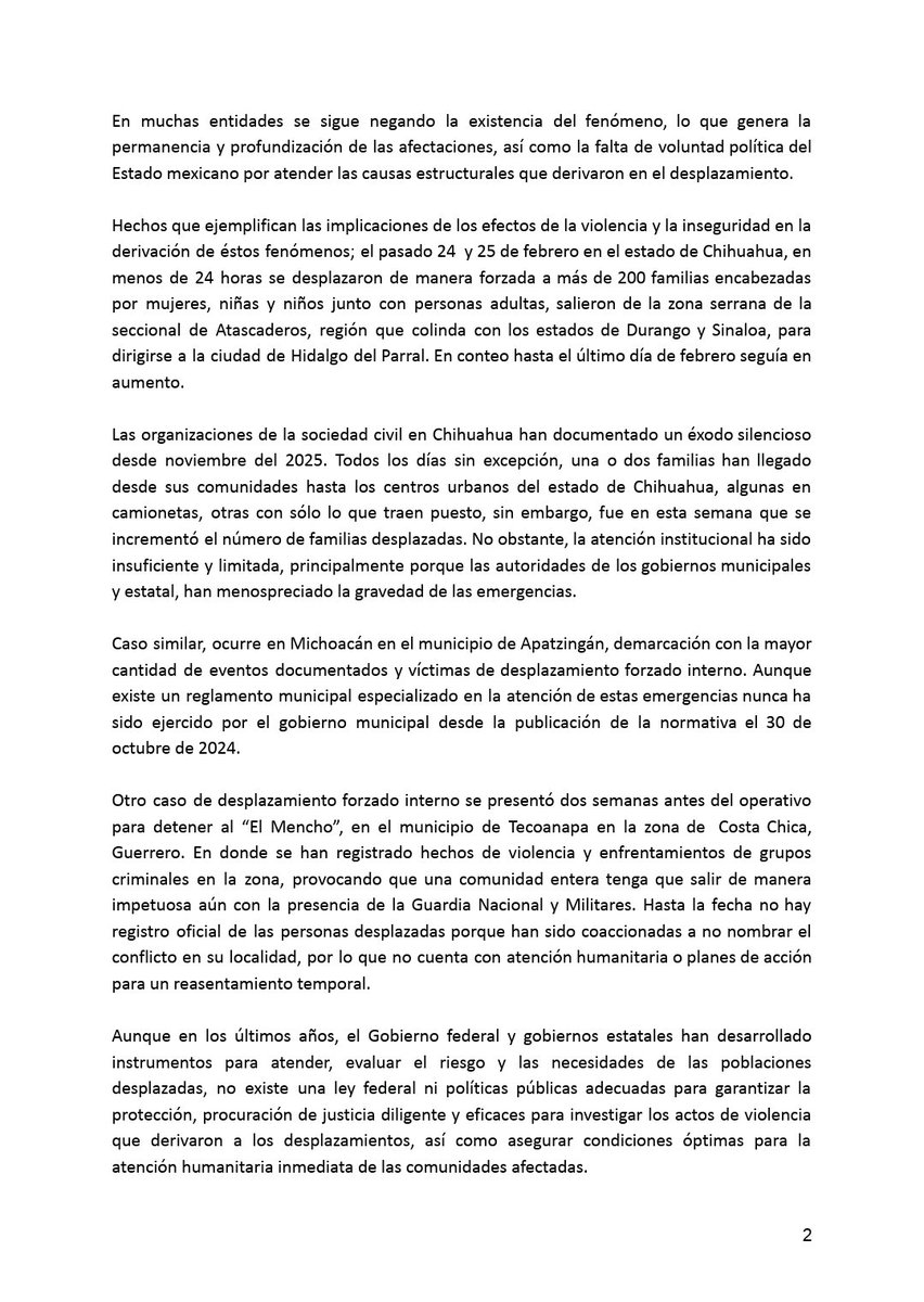 SerapazMexico's tweet photo. 🚨 Crisis de #DesplazamientoForzadoInteeno en México
Las organizaciones y comunidades integrantes del Colectivo @DesplazadosEnMx denunciamos que la violencia e inseguridad en #Chihuahua, #Guerrero y #Michoacán obliga a cientos de familias a abandonar todo para salvar sus vidas. https://t.co/p5gKS4SgqU