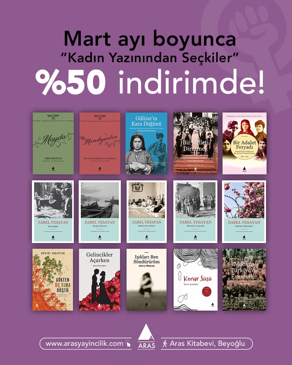 Ayın %50 İndirimli Kitapları: “Kadın Yazınından Seçkiler” 
Bu ay, edebiyatın ve tarihin satır aralarında yankılanan kadın seslerine kulak veriyoruz. Aras Yayıncılık’ın kadın hikâyelerini odağına alan seçkisinde, kalemiyle iz bırakan yazarlar bir araya geliyor. Osmanlı