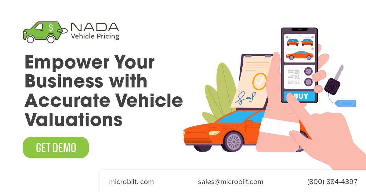 MicroBilt's tweet photo. 🚗 Accurate valuations, every time. Verify assets with JD Power (NADA) Vehicle Pricing and make smarter lending decisions. 🏷️
👉 Learn more: https://t.co/Cu0axaxfTh
#AssetVerification #AutoLending #MicroBilt https://t.co/mzHTq2pg3g