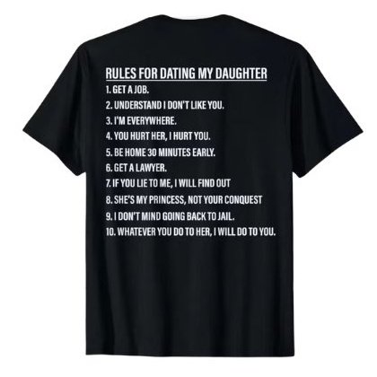 เสื้อใหม่ไอจั๋งคือ55555555
กฏ 10 ข้อถ้าจะเป็นแฟนกับลูกสาวกู
1.หางานทำซะ
2.เข้าใจไว้ด้วยว่ากูไม่ชอบมึง
3.กูจะอยู่ด้วยทุกที่ 
4.ถ้ามึงทำลูกกู กูจะทำมึงคืน
5.มาส่งลูกสาวกูก่อนเวลานัด 30 นาที
6.เตรียมทนายไว้ซะ
7.ถ้ามึงโกหกกู กูรู้หมดแหละ 
8.ลูกคือเจ้าหญิงสำหรับกู