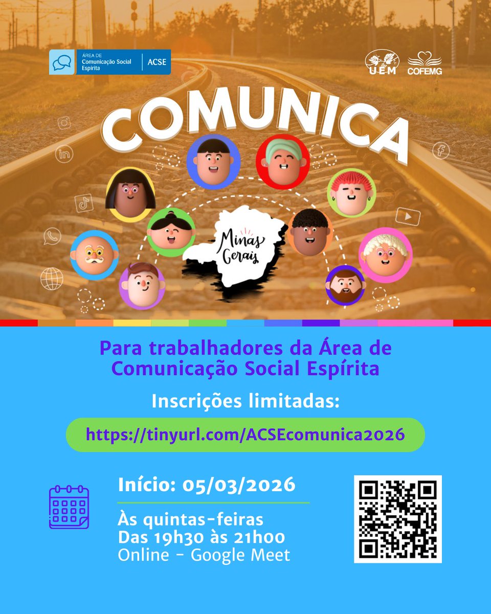 uemmg's tweet photo. 📣 Chegou a hora! Nesta quinta-feira começa a nova edição do COMUNICA MG!

📅 05/03/2026
📅 Quintas-feiras | 19h30 às 21h
💻 Ao vivo pelo Google Meet®

📝 Inscrições abertas • Vagas limitadas
👉 https://t.co/MkO2doFdJN

#ComunicaMG #ACSE #UEMMG #UniãoEspíritaMineira https://t.co/k1jXLt4OYC
