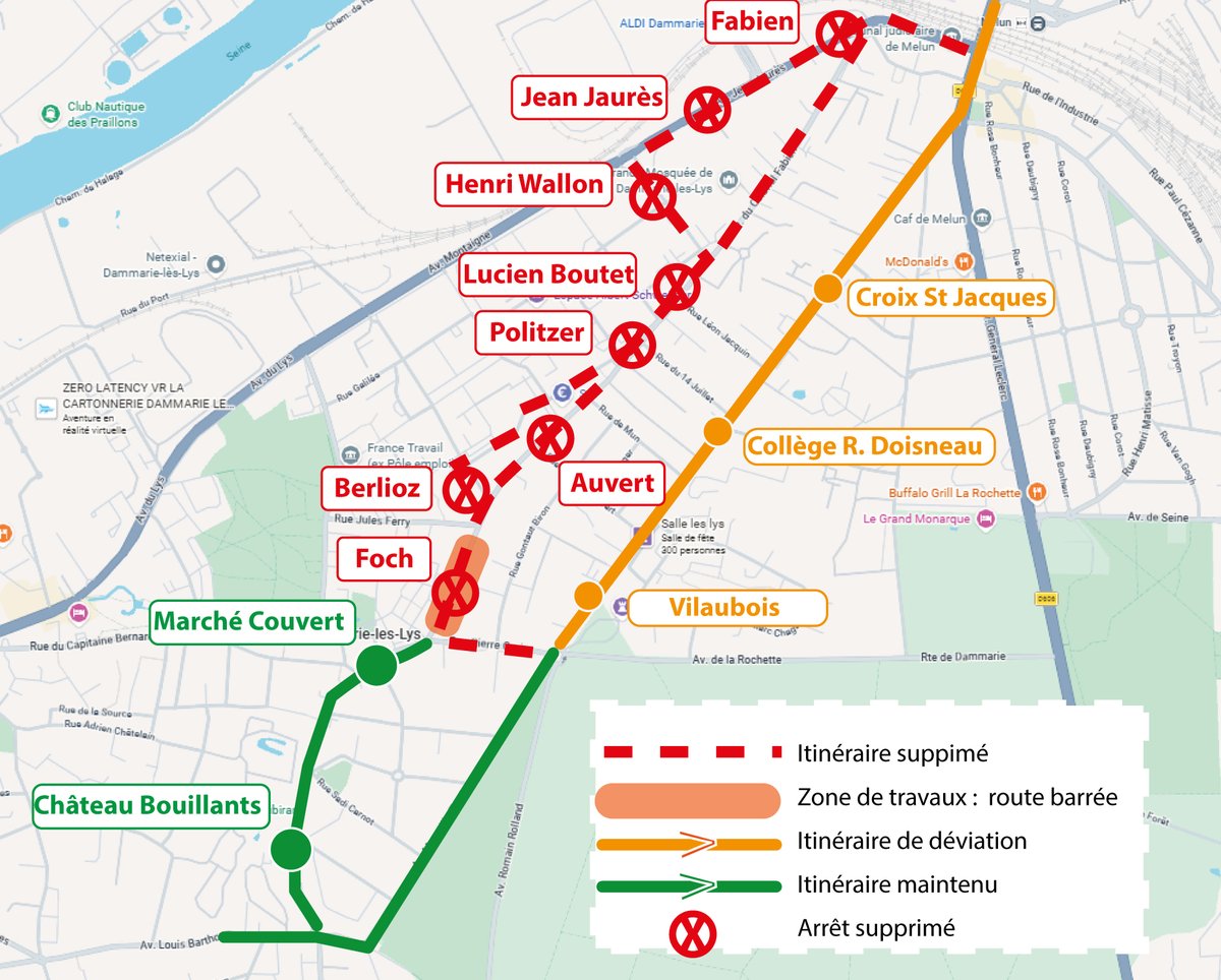 🚧🚍 #InfoTrafic #Travaux Ligne3604

🗓️ 4 et 5 mars de 8h à 17h
Travaux av. Foch à Dammarie
❌ Arrêts Fabien, Jean Jaurès Henri Wallon non desservis
✅Arrêts Lucien Boutet, Politzer, Auvert Berlioz reportés aux arrêts de la 3607 Vilaubois, Collège R. Doisneau et Croix St Jacques