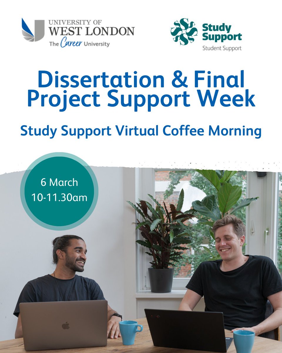 UniWestLondon's tweet image. Dissertation and Final Project Support Week: Virtual Coffee Morning ☕

📆Friday 6 March
⏰10 – 11.30am

Discuss the exciting research that you are doing with your peers!🔍

Register now via the Student Hub: uwlacademicsupport.targetconnect.net/unauth?leap=tr…

#dissertation #study #university #LoveUWL