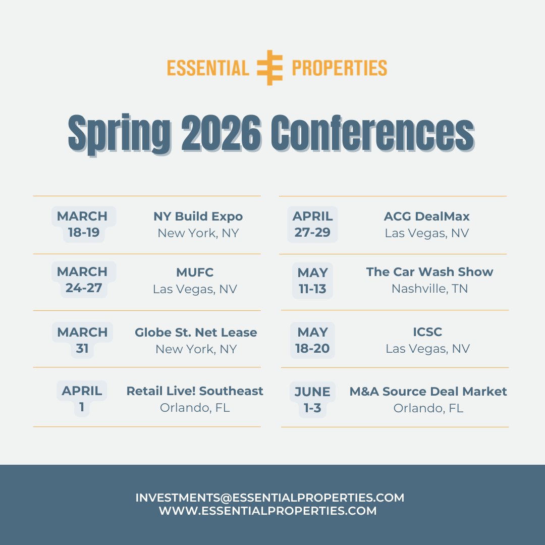 Our team is heading into the spring conference season with a clear focus on disciplined capital allocation and relationship-driven investments. We are actively scheduling meetings to dive deep into our service-oriented investment strategy. 

investments@essentialproperties.com