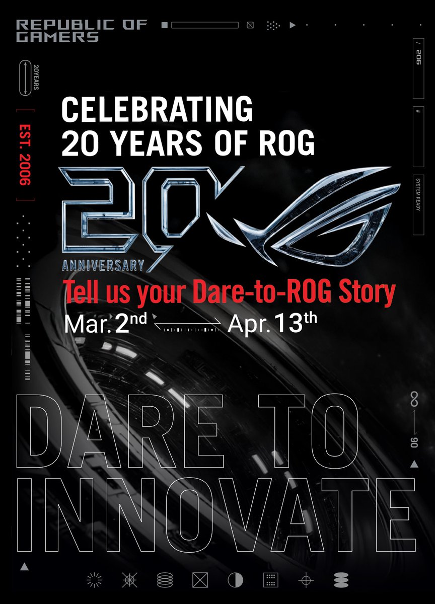 ASUS_ROG's tweet photo. ROG turns 20. 🔥​
​
Share your Dare moment for a chance to win over $20,000 USD in prizes, including a trip to ROG HQ and a limited-edition motherboard. 😍​
​
Let’s celebrate 20 years of daring.
https://t.co/HUtVNPHa2V
​
#ForThoseWhoDareROG20 https://t.co/kOlTlbLzLM