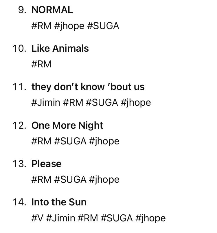 เฉพาะชื่อสมาชิก #BTS ที่มีเครดิตในแต่ละเพลง

สรุปรวมทั้งอัลบั้ม (จาก 14 เพลง / ไม่นับ No.29 ที่ไม่เห็นเครดิต)

#RM — 13 เพลง
#SUGA — 11 เพลง
#jhope — 10 เพลง
#Jungkook — 4 เพลง
#V — 2 เพลง
#Jimin — 2 เพลง