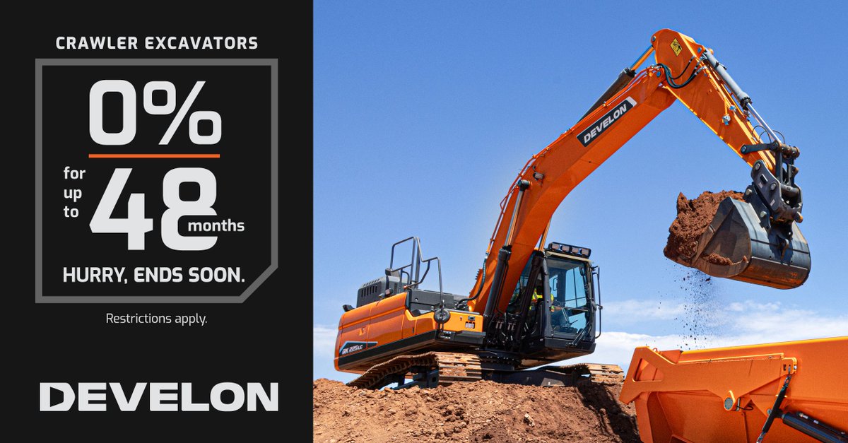 This year, dig up a great deal on DEVELON crawler excavators. Get 0% financing for up to 48 months. 

Hurry, offer ends soon. Contact us   at +1 519-826-0550