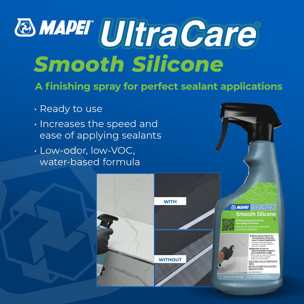 MAPEIUSA's tweet photo. UltraCare Smooth Silicone speeds up sealant application with a low-odor, water-based spray for smoother, more precise finishes. 

Designed with a non-residue formula for clean results on ceramic, porcelain, stone, and glass surfaces.
 
Learn more: https://t.co/8jm1hBJK3h https://t.co/5yz7kdYXnO