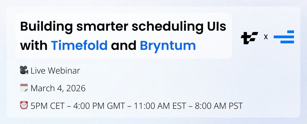 bryntum's tweet image. Working with scheduling and planning tools? Don't miss this webinar.

Tomorrow afternoon, Tom from @TimefoldAI and Mats from Bryntum show what happens when you add real-world optimization to a scheduling interface.

Register:
timefold.ai/events/buildin…

#scheduling #webinar