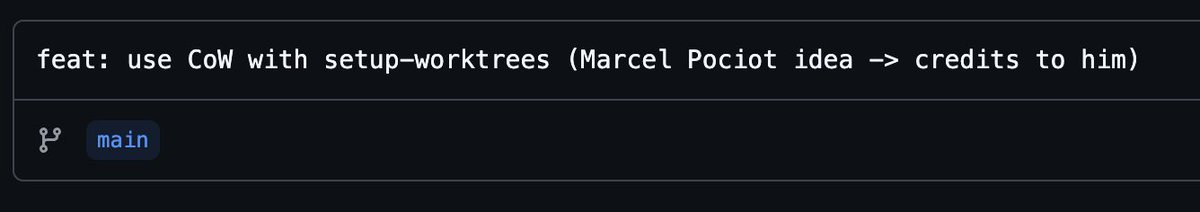 JakubGause's tweet photo. node_modules and vendor eating your Mac storage with worktrees? That was me.

Turns out CoW (Copy-on-Write) changes everything - no more actual file duplication until you need it. Setup went from minutes → seconds.

Thanks @marcelpociot for making this click in your talk 🙌

Bonus: my family photos finally have room to breathe again 😅