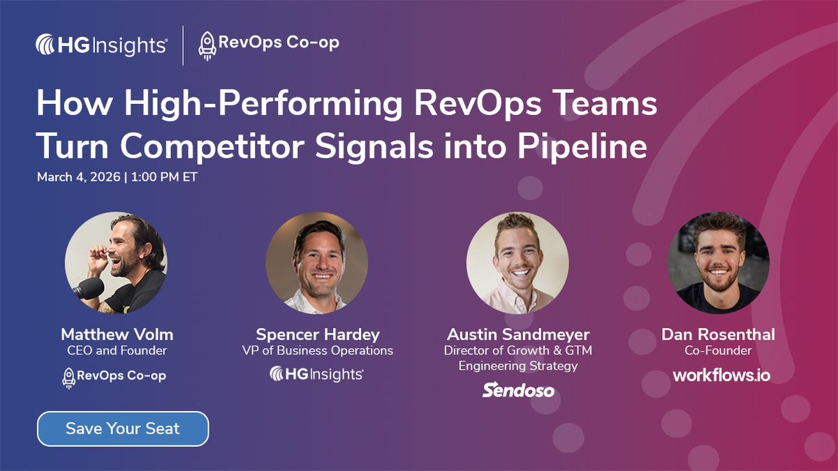 🚨 LAST CALL: The operator-led session hosted by RevOps Co-op is TOMORROW. Don't miss out on insights from HG Insights, Sendoso, and Workflows.io. Grab your seat for, How High-Performing RevOps Teams Turn Competitor Signals into Pipeline: revopscoop.com/event/turn-com…