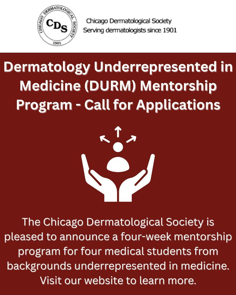 CDS1901's tweet photo. The CDS is pleased to announce a mentorship program for students from backgrounds underrepresented in medicine. Don't miss out on this unique opportunity to learn from mentors in established, Chicago-area dermatology practices!

Learn more + apply here: https://t.co/M9crXifw02 https://t.co/yGsJ7YbwdV