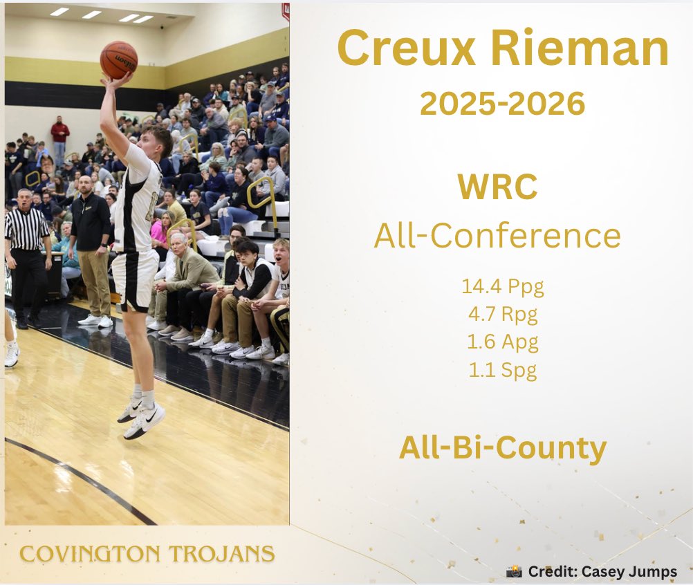 Congratulations to Creux Rieman on being named All-Conference and All Bi-County. Creux shot almot 50% in WRC play this season. 

 📸 credit: Casey Jumps Photography