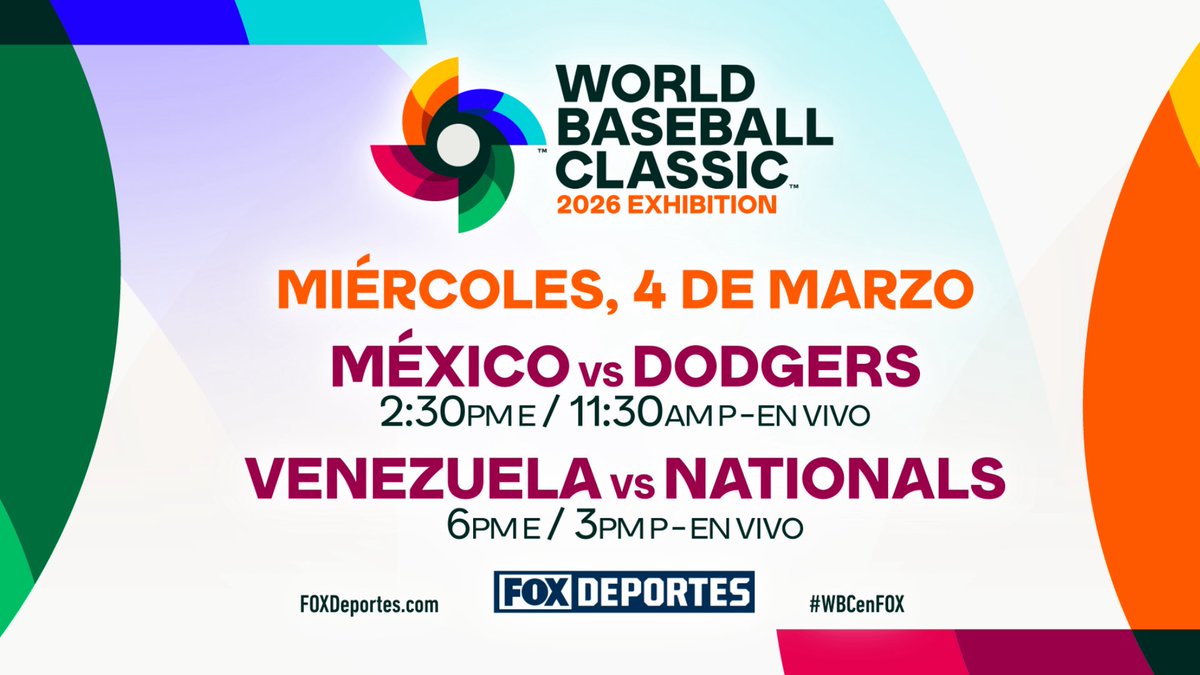 FOXSportsPR's tweet photo. Get an early taste of the #WorldBaseballClassic with the following exhibition games @FOXDeportes⚾️

Today 
Mexico vs. @Dbacks  - 2:30 PM ET
Venezuela vs. @astros  - 6:00 PM ET

Wednesday 
Mexico vs. @Dodgers - 2:30 PM ET
Venezuela vs. @Nationals - 6:00 PM ET https://t.co/xOnyw4SpIt