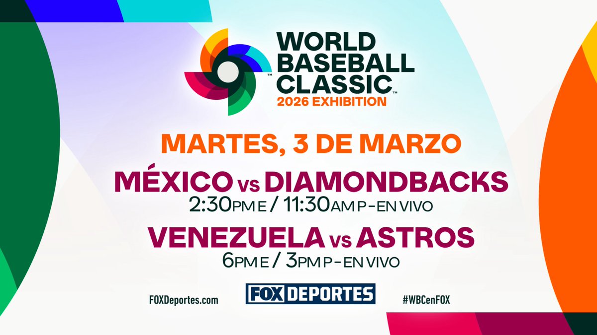 FOXSportsPR's tweet photo. Get an early taste of the #WorldBaseballClassic with the following exhibition games @FOXDeportes⚾️

Today 
Mexico vs. @Dbacks  - 2:30 PM ET
Venezuela vs. @astros  - 6:00 PM ET

Wednesday 
Mexico vs. @Dodgers - 2:30 PM ET
Venezuela vs. @Nationals - 6:00 PM ET https://t.co/xOnyw4SpIt