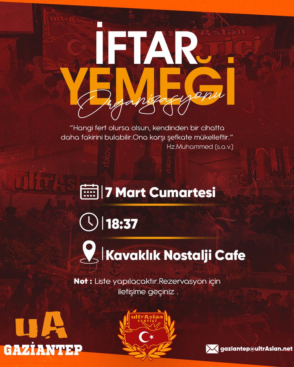 Değerli Galatasaraylılar;

Geleneksel İftar Organizasyonumuza Bekliyoruz...

🗓️ 7 Mart Cumartesi 
📍 Kavaklık Nostalji Cafe 

Not:Katılım için bizlere dm ya da mail yoluyla ulaşıp isminizi yazdırınız.