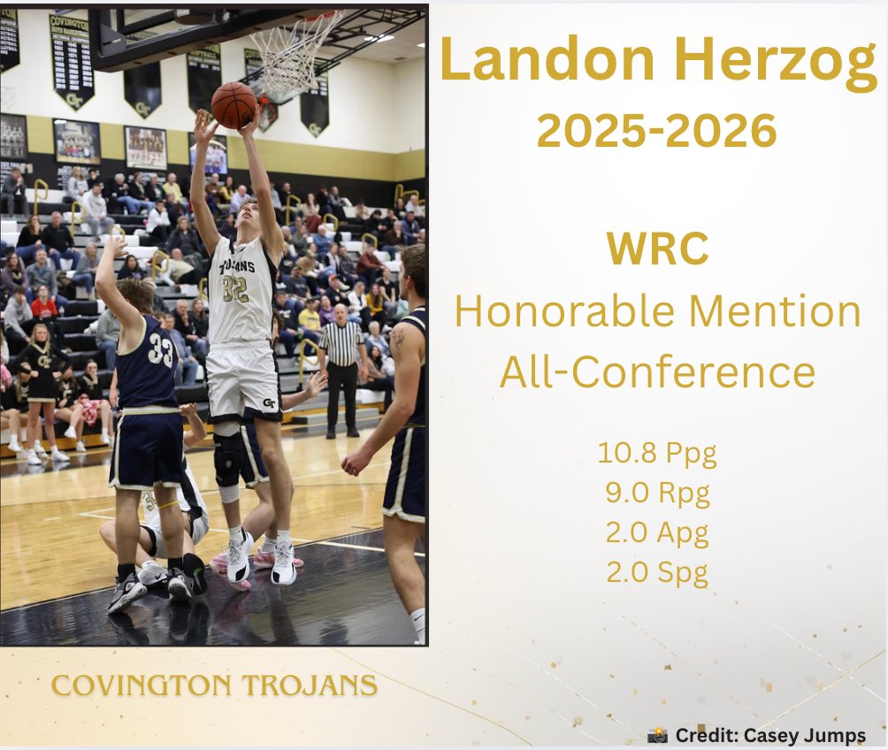 Congratulations to Landon Herzog on earning Honorable Mention All-Conference. Unfortunately due to injury he only played in 4 conference games. He made those games count though, as he averaged nearly a double-double in WRC play. 

📸 Credit: Casey Jumps Photography
