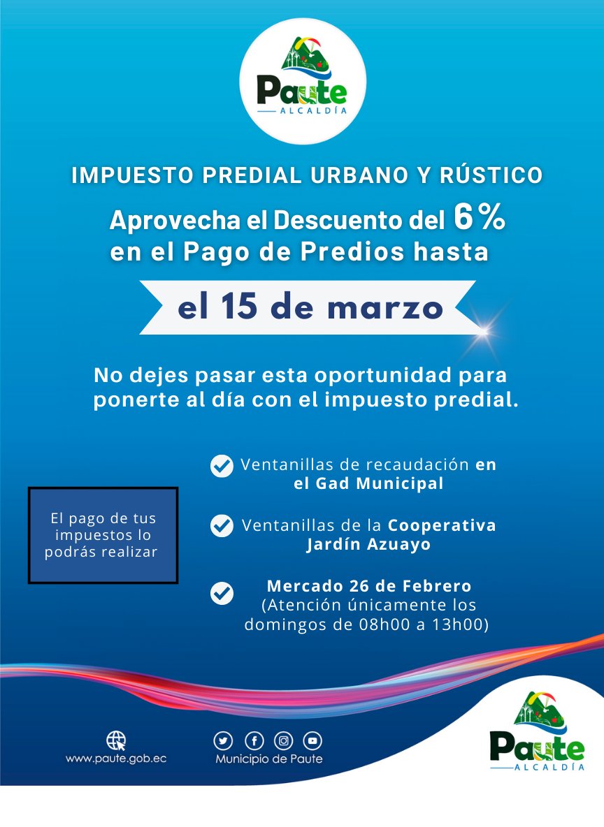 ¡Aprovecha el Descuento por Pago de Predios Urbanos y Rurales!
6% DE DESCUENTO del 1 al 15 de marzo de 2026