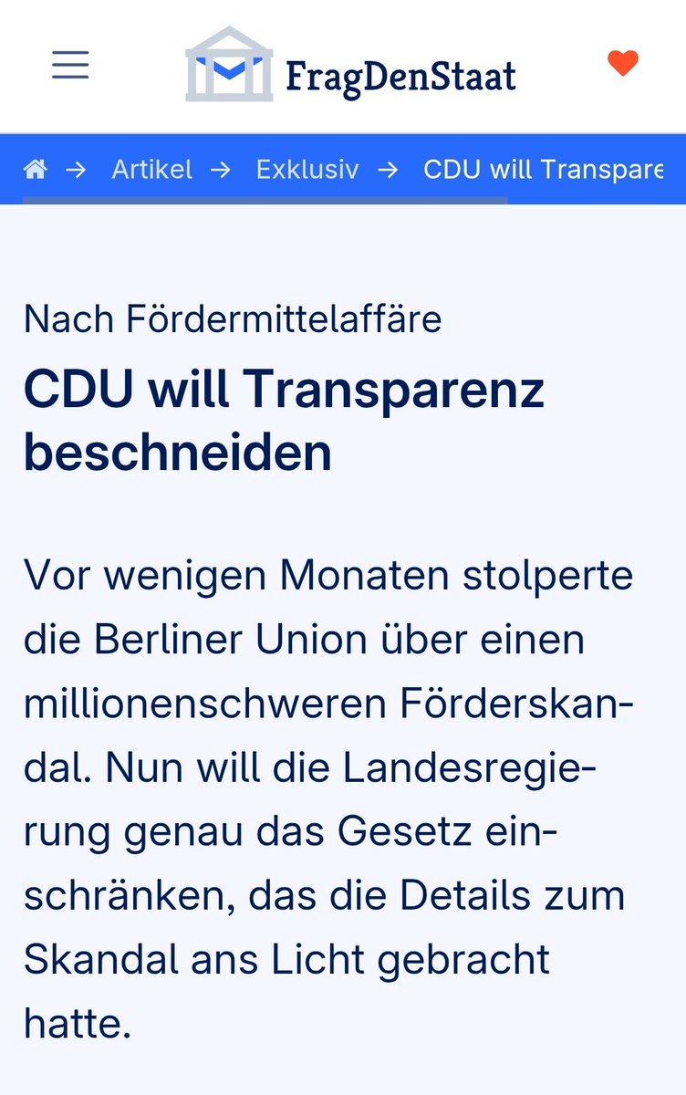 "Im Koalitionsvertrag hatten die Parteien 2023 versprochen, die Auskunftspflichten der Behörden zu erweitern und schnellstmöglich ein fortschrittliches Transparenzgesetz einzuführen. Stattdessen schaffen sie nun zentrale Teile der bisherigen Transparenzregeln ab."