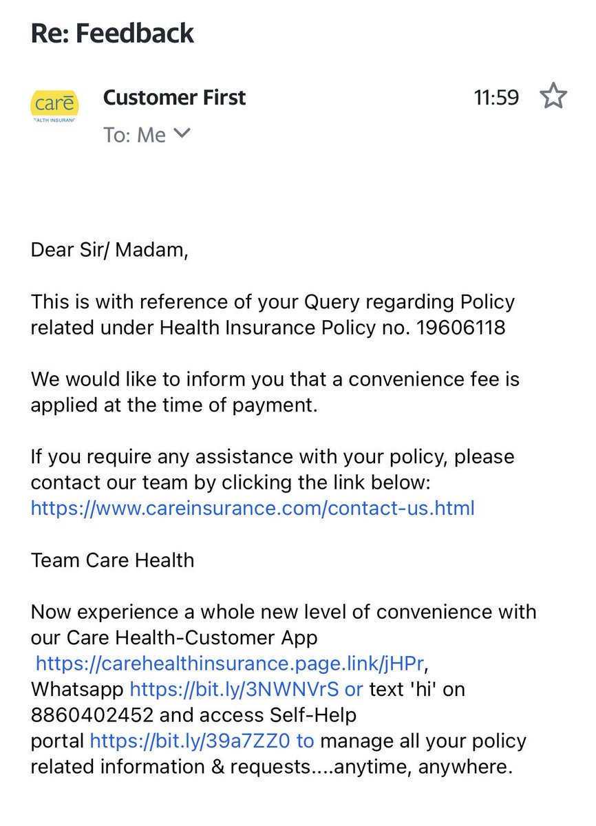 Sandeep151090's tweet photo. @careinsuranceIN on renewal of our policy, amount showing Rs.48,716/- while deducted Rs. 49,181/-
On customer care call person was saying, additional amount charged by bank. While bank replied it is claimed by merchant. Now carehealth replied it is convenience fee @jagograhakjago https://t.co/FbwFKiU6k1
