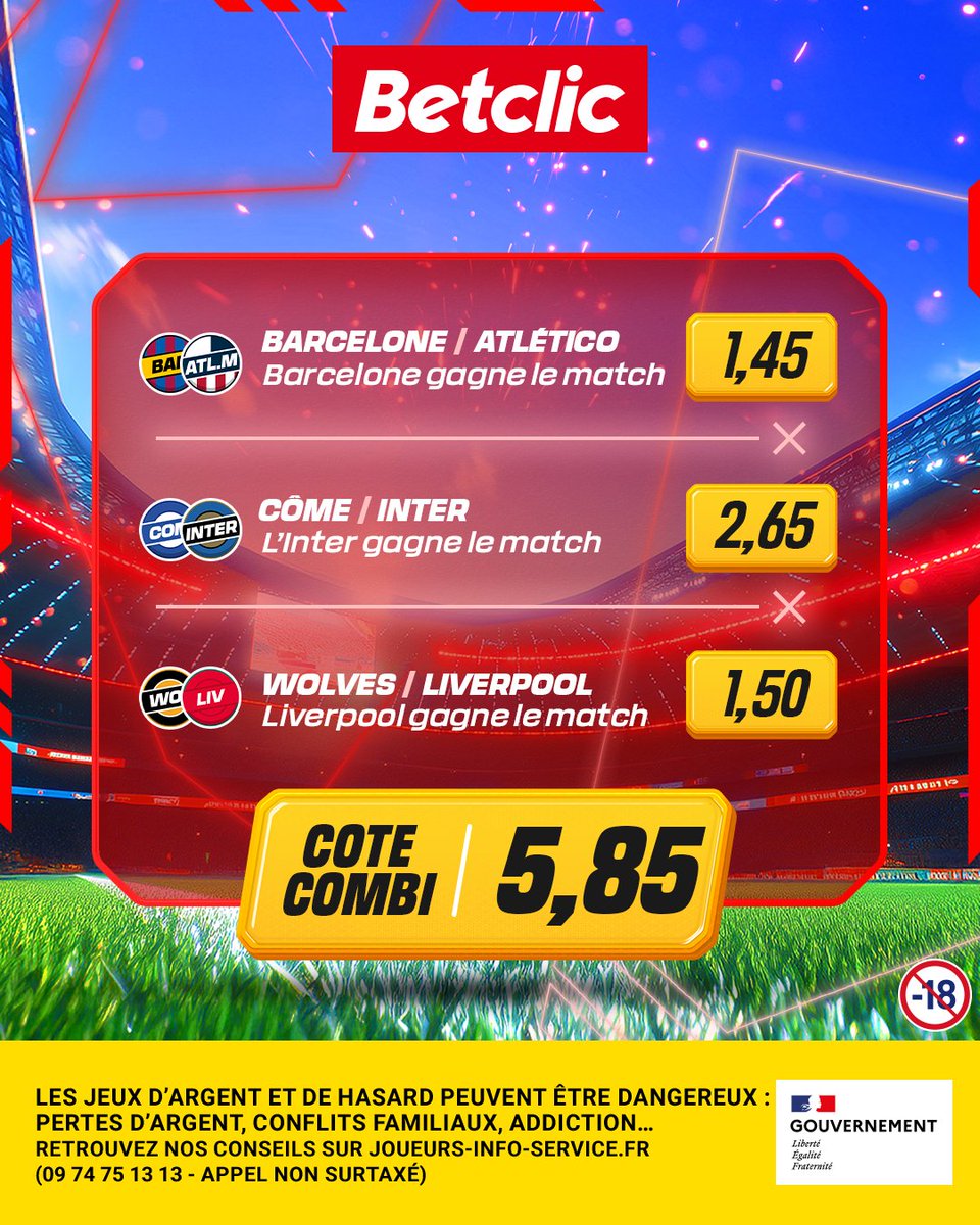 Pour chopper les meilleures cotes, c’est sur Betclic que ça se passe 📲

Le combi est déjà bien joueur, mais on va encore pimenter ça ! S’il ne passe pas, on offre 10 x 20 € de Feebets* 🤩

RT + ton pseudo en réponse pour participer 🍀