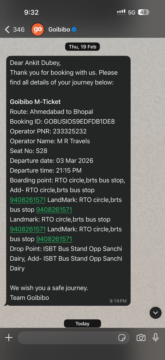 Hunkit1396's tweet photo. @GoibiboSupport @goibibo  In addition to the below compliant, please check attached screenshot of the GOIBIBO message that I got on whatsapp for booking ID etc. https://t.co/ZGQdxAWQjn
