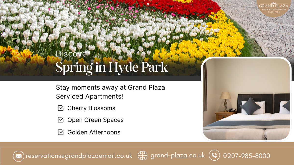 GrandPlaza21777's tweet image. Spring has arrived in Hyde Park 🌼
Blossoming trees, open green spaces, and peaceful lake views — it’s London at its most beautiful.
Book now!: grand-plaza.co.uk
.
#SpringInLondon #HydePark #GrandPlazaApartments #LondonStay #CityBreak #LondonStay #London #Travel #Explore