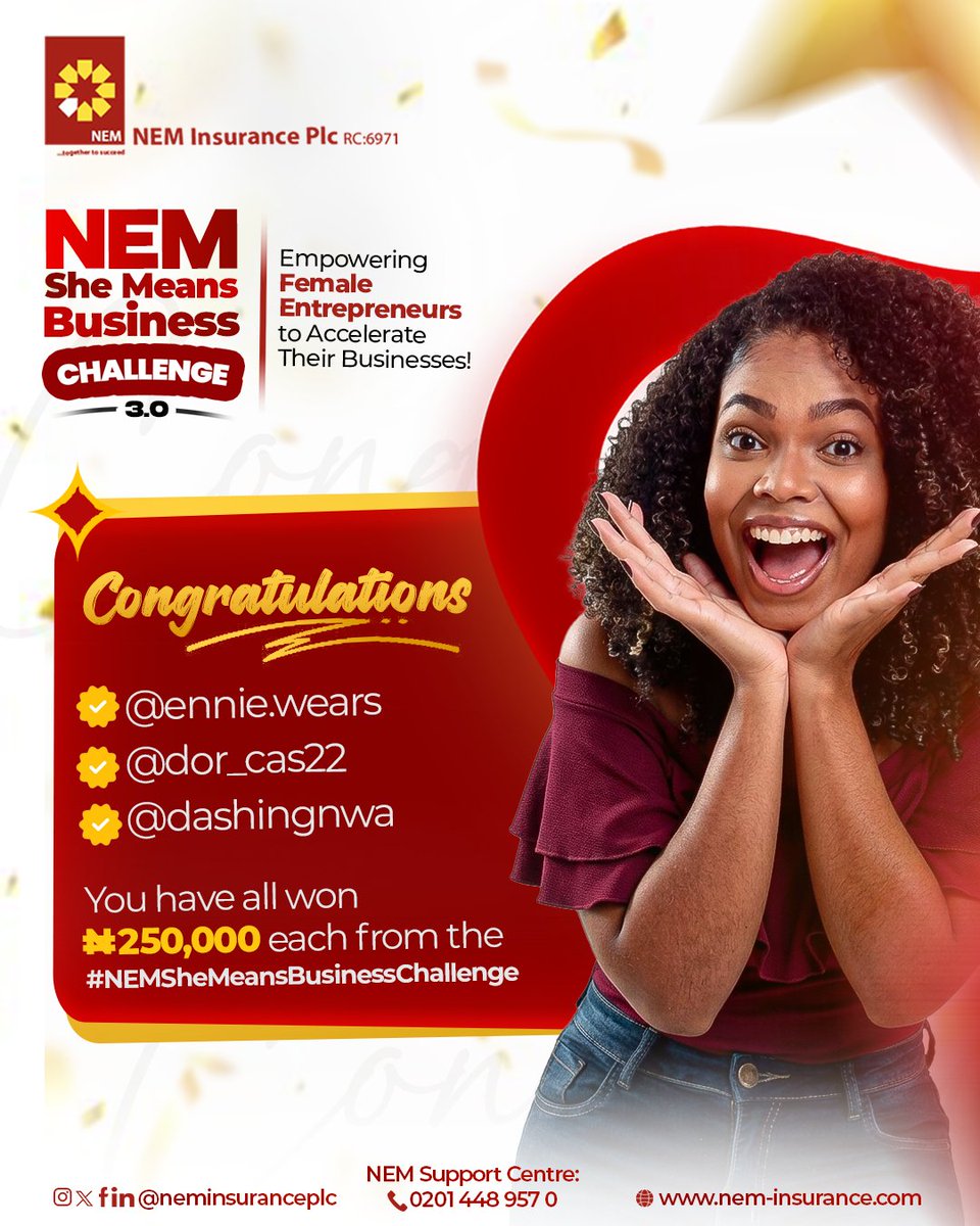 neminsuranceplc's tweet photo. Cheers to the winners of the #NEMSheMeansBusinessContest 🎉@dashingnwa @dor_cas22 @ennie.wears have each won a ₦250,000 grant!
To every participant, thank you for showing up with bold ideas, passion, and resilience. We celebrate you all #IWD2026 #NEMInsurancePlc #BeNEMSure https://t.co/d2pom3Uj6s