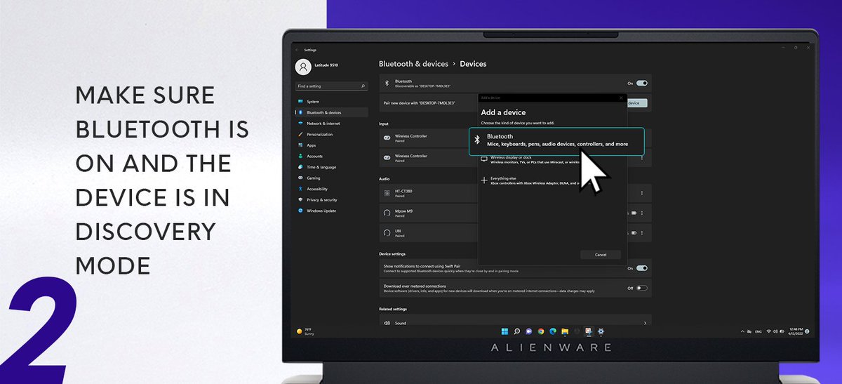 AlienwareTech's tweet image. 🎄 Don't let tangled wires obstruct your #gaming.
🎧 Pair your #Alienware system with a #bluetooth headphones.
Tap to learn how: 👉 del.ly/6013ch0KH 👈
#AlienwareTips #TechTips