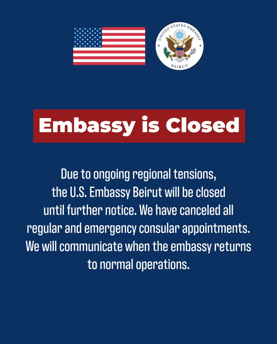 Update: Due to ongoing regional tensions, U.S. Embassy Beirut will be closed until further notice. All other regular and emergency consular appointments have been cancelled.  We will communicate when the Embassy returns to normal operations.

For U.S. Citizen Assistance, contact: