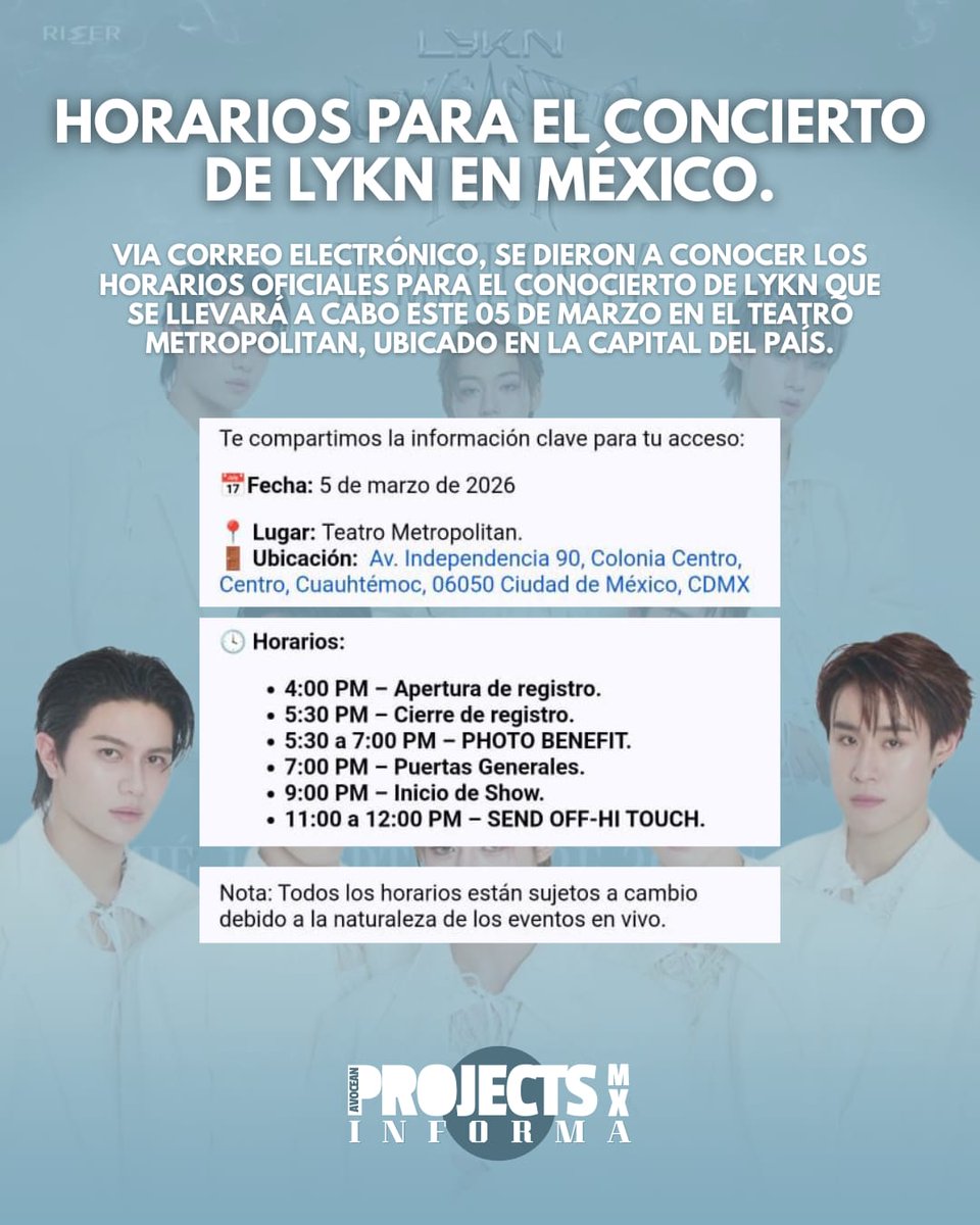 HORARIOS PARA EL CONCIERTO DE LYKN EN MÉXICO. 🐺

A través de correo electrónico es que se han dado a conocer los horarios para el concierto de LYKN este 05 de marzo

¿Qué opinan de estos horarios?

#lykn #lyknunleashedworldtour #avoceanprojectsmx #nuthong #WilliamEst