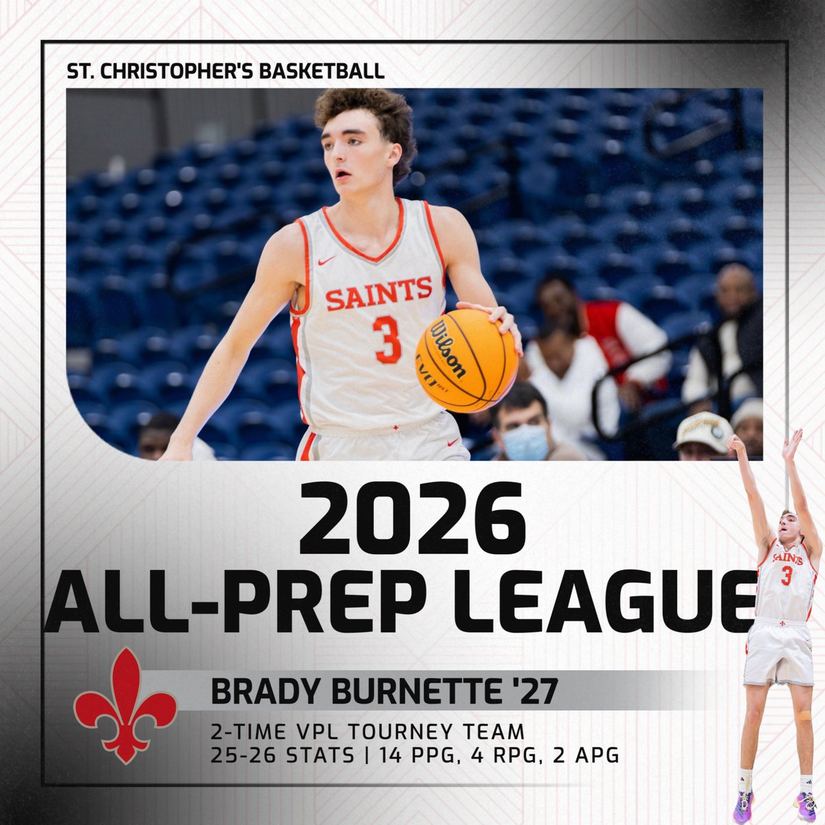 STCAthletics's tweet photo. Basketball
2026 All-Prep League
Congrats to Prep League Player of the Year Darius Gray '26, and all-league picks Brady Burnette '27 and Damari Smith '29. Gray was also named Prep League tourney MVP, and Burnette made the all-tourney team.
#StCVAHoops https://t.co/qHl0xhwWbf