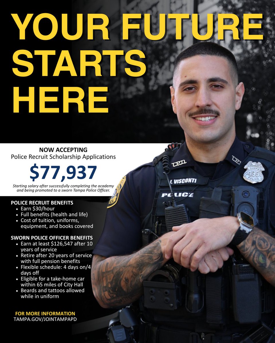 TampaPD's tweet photo. Being a Tampa police officer isn’t just about serving the community; it’s about being part of it.

Join a career with purpose, growth, and real impact. Apply to our Police Recruit Scholarship!

Your future starts here. Learn more and apply today: https://t.co/DUGNECP2f4

Application closes March 31, 2026.