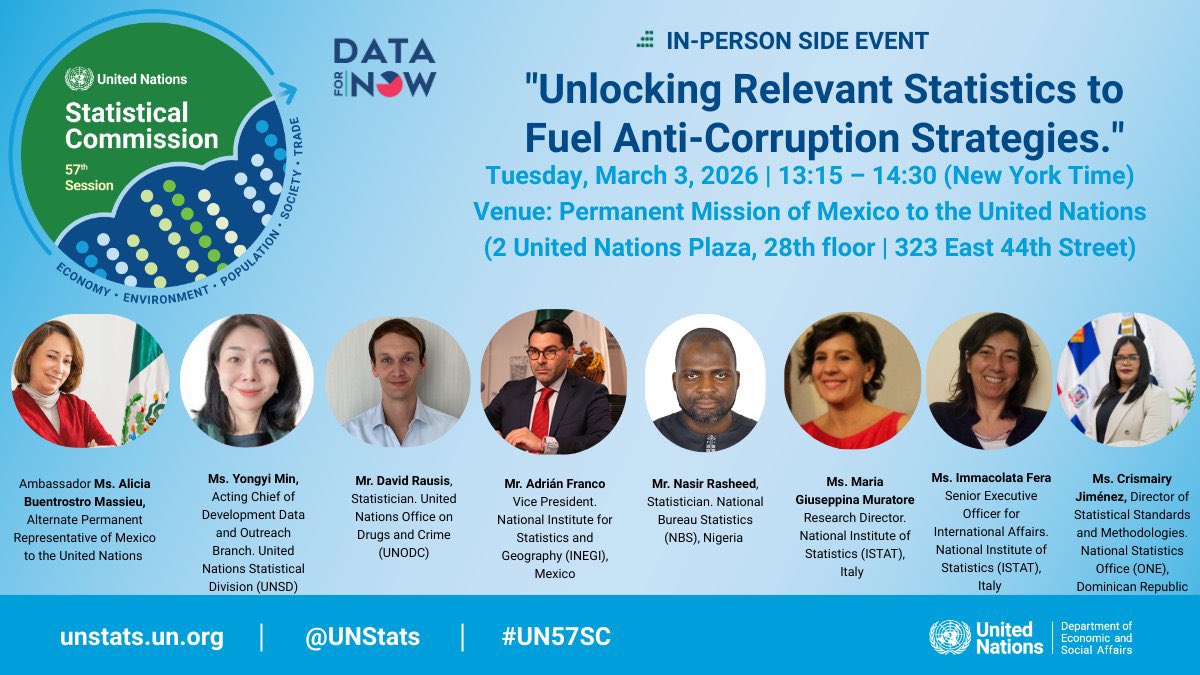 EstadisticasGob's tweet photo. 🇲🇽 El Vicepresidente de la Junta de Gobierno del INEGI, Adrián Franco, participará en el evento paralelo de la 57ª Comisión de Estadística de la ONU sobre el fortalecimiento de las estrategias anticorrupción mediante el uso de estadísticas oficiales.
#UN57SC #DataForNow https://t.co/ePSssFnRLF