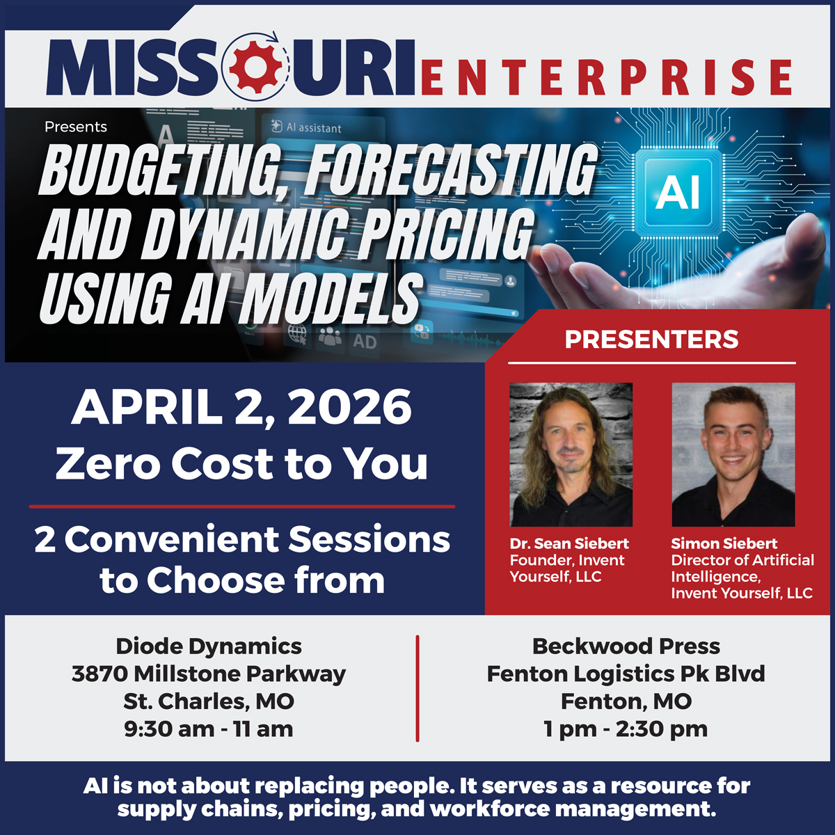 BUDGETING, FORECASTING AND DYNAMIC PRICING USING AI MODELS
Find out how to incorporate AI as a tool to improve supply chain resilience, operational efficiency, and support improved decision-making.
St. Charles event: missourienterprise.org/event/budgetin…
Fenton event: missourienterprise.org/event/budgetin…