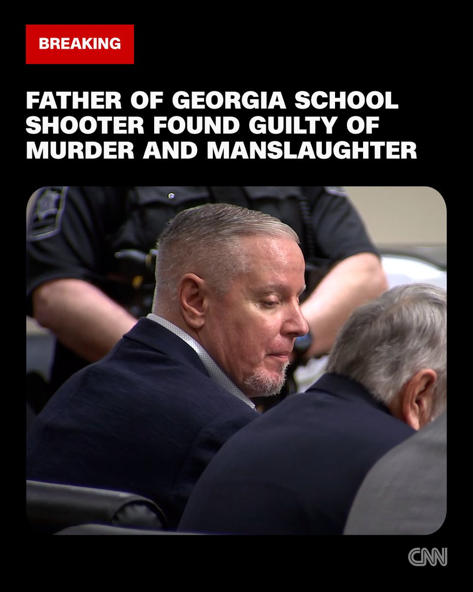CNN's tweet image. Colin Gray, whose son is accused of killing four people in the 2024 Apalachee High School shooting in Georgia, is found guilty on all charges cnn.it/4r65oRy