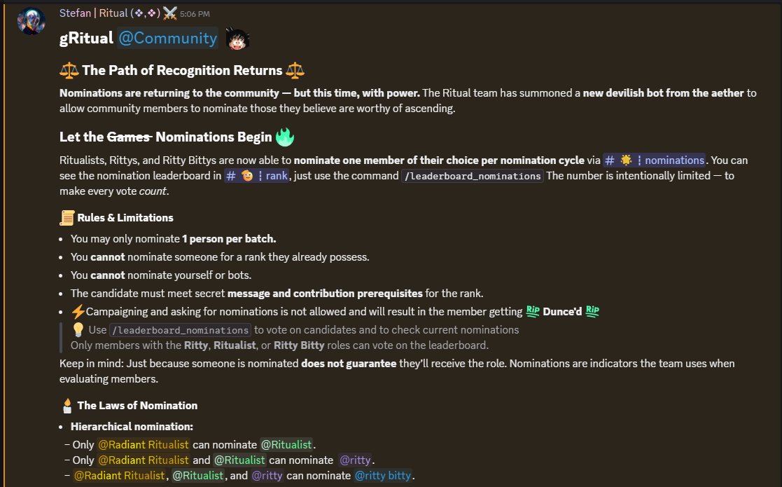 Pretty excited to announce that the new nomination system is live in the Ritual Discord community 🔥We've summoned a new devilish bot from the aether to allow community members to nominate those they believe are worthy of ascending. Big shoutout to our ambassadors for helping to