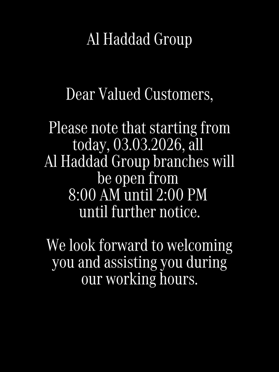 GDNonline's tweet photo. Dear Valued Customers,
We’re open from 8:00 AM to 2:00 PM until further notice.
We look forward to welcoming you at all Al Haddad Group branches.
#AlHaddad #Bahrain https://t.co/Pf4zlLVstH