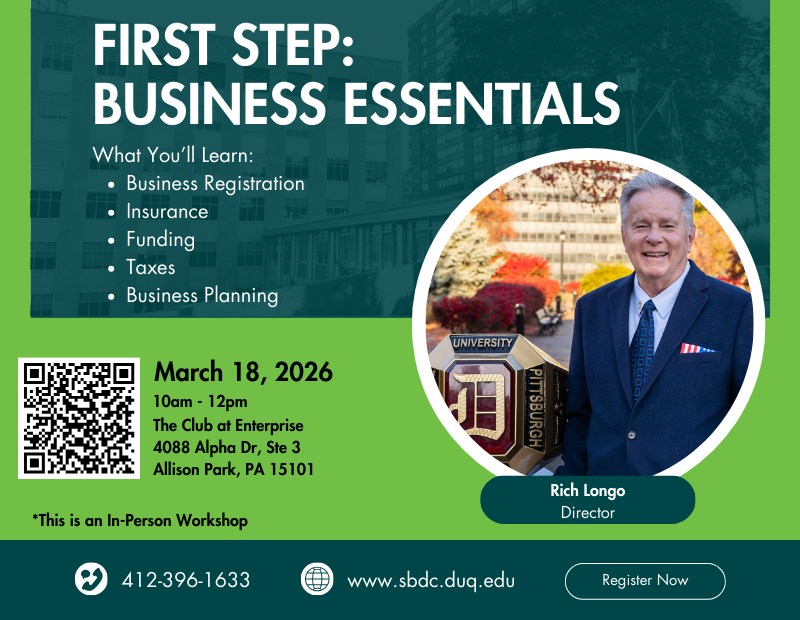 First Step Business Essentials for new entrepreneurs and business startups.

3/5 - Coraopolis - sbdc.duq.edu/Event-First-St…

3/11 - PAACC - sbdc.duq.edu/Event-First-St…

3/18 - Enterprise Club - sbdc.duq.edu/Event-First-St…

3/19 - Duquesne - sbdc.duq.edu/Event-First-St…