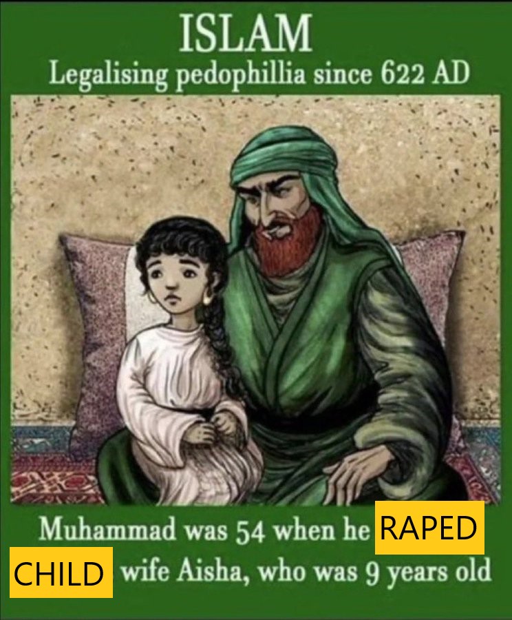 SOGA_MAGADONIAN's tweet photo. @MEMRIReports #ISLAM IS A DEATH CULT FOR SMOOTH BRAINED PEDOS.
#ALLAH IS IMAGINARY
#BANSHARIA #BANSHARIALAW
#MUHAMMADS WIFE AISHA WAS 9 YEARS OLD WHEN HE RAPED HER. https://t.co/thw4tnvRpj
