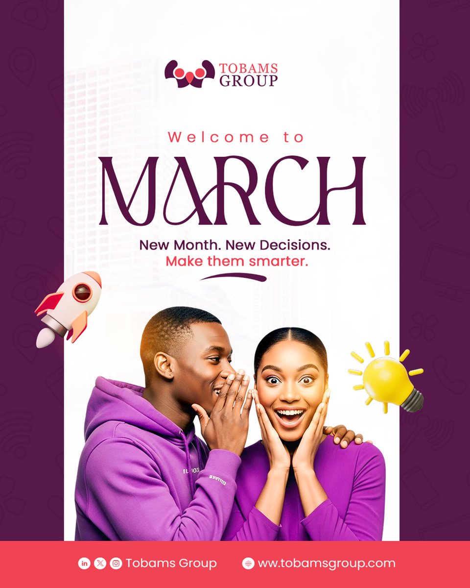 Welcome to March 💜

This is your sign to stop overthinking and start positioning. Learn the skill. Apply for the role. Build the project. Take the step.

Don’t just move this month. Move strategically.

Let’s grow smarter together!

#WelcomeToMarch #NewMonthNewGoals #TobamsGroup