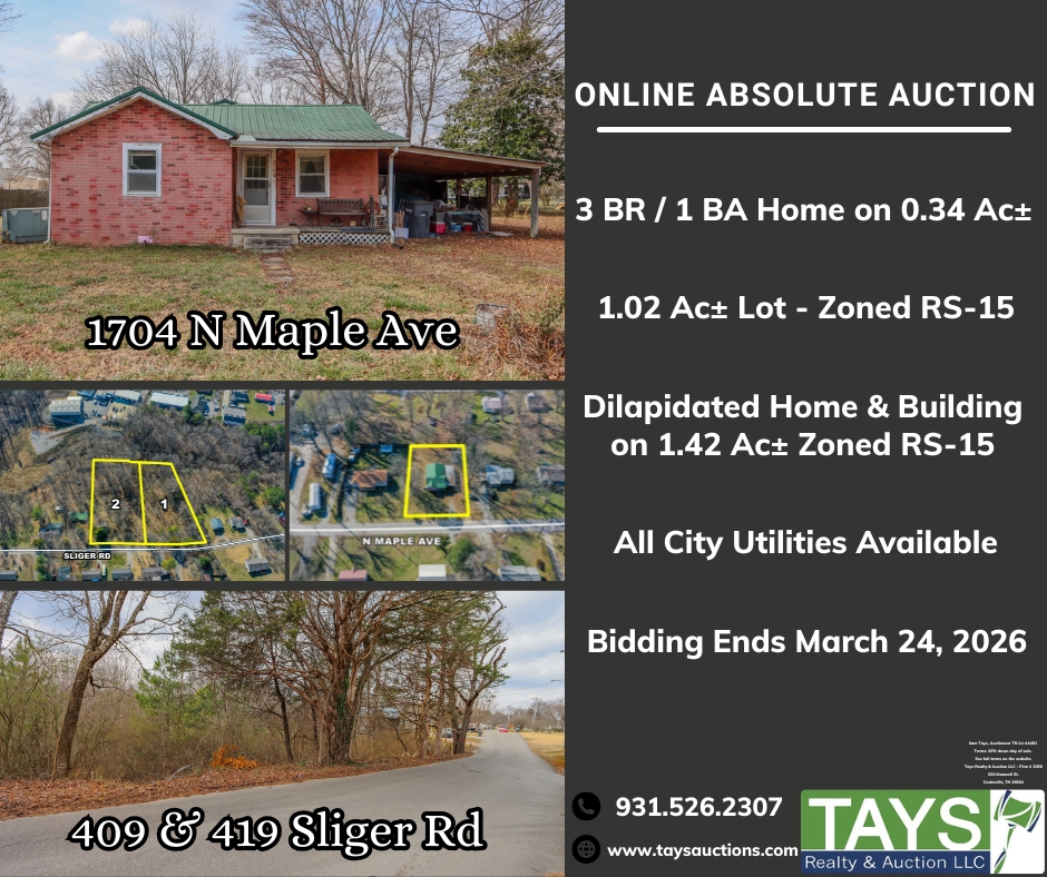 taysauctions's tweet photo. Bidding is Open on a 3 BR / 1 BA Home on 0.34 Ac± and 2.44 Ac± in 2 Lots.
Home is located at 1704 N Maple Ave
2.44 Ac± Lots is located at 409 &amp; 419 Sliger Rd
Bidding Ends March 24 at 10AM C.T.
visit https://t.co/P3XvifUp9n for more info
#auction #taysauctions https://t.co/44ummK0kos