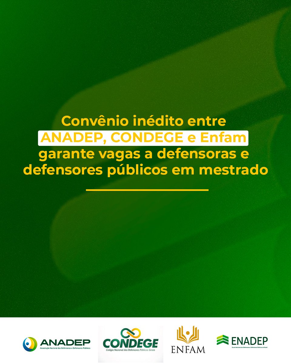 A primeira atividade decorrente do ACT será a oferta exclusiva de duas vagas para defensoras e defensores públicos na 7ª turma do mestrado profissional em Direito e Poder Judiciário, desenvolvido pela Enfam.
Saiba mais: anadep.org.br/wtk/pagina/mat…