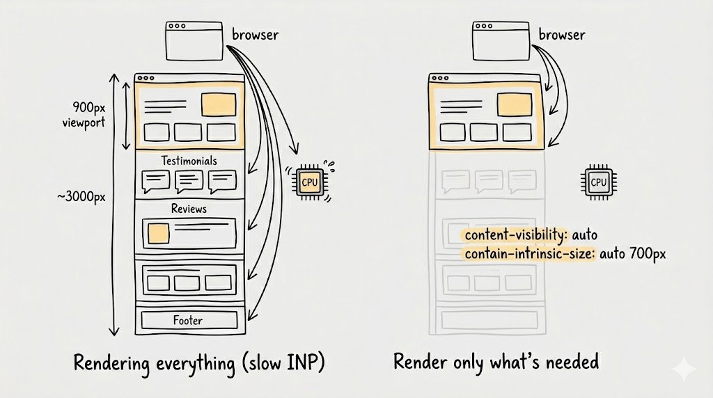 You know what kills your site performance?

Rendering 3000px of content when the user can only see 900px. And there is an easy fix for that.

It's a magical CSS property

content-visibility: auto.
