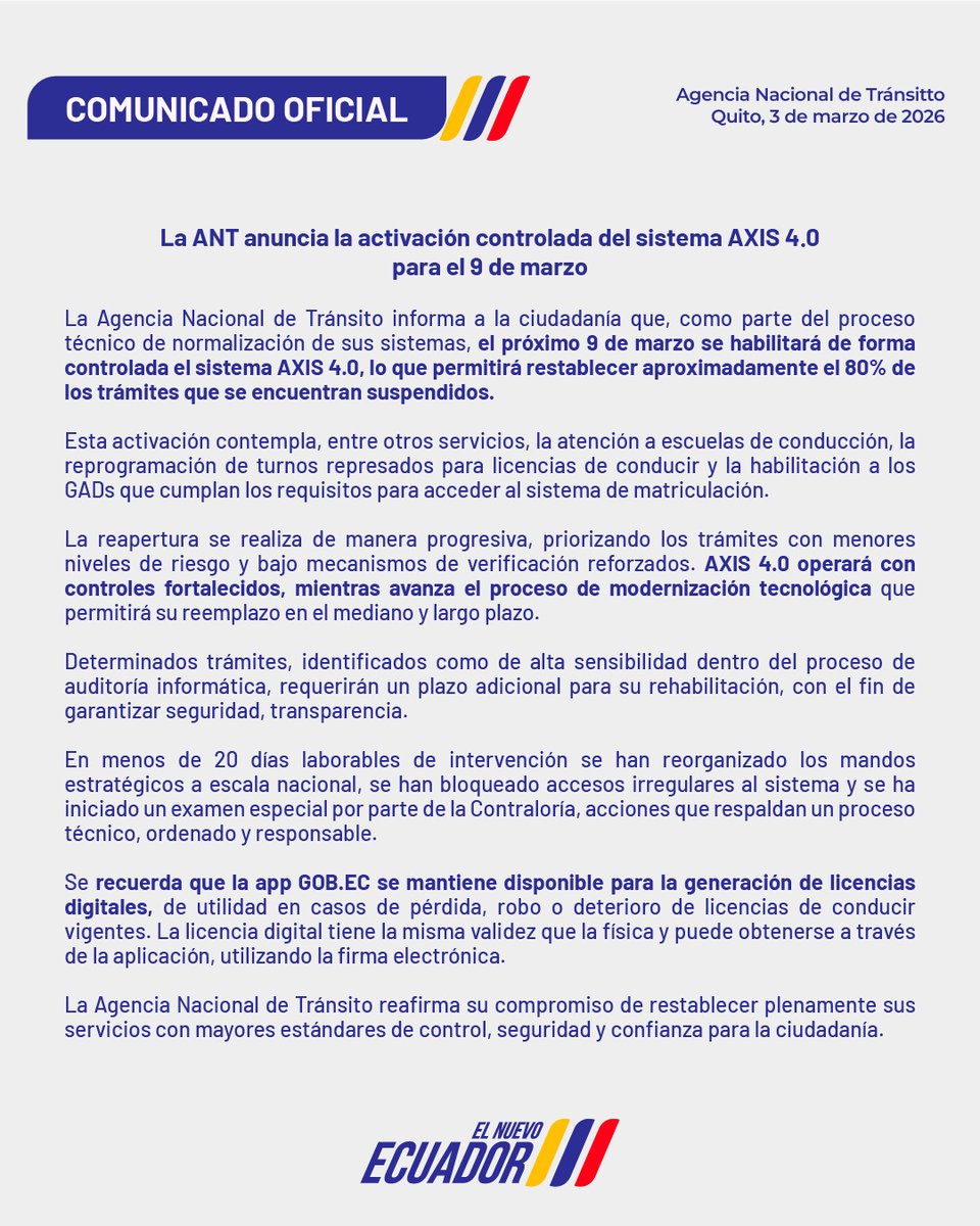 ANT_ECUADOR's tweet photo. #COMUNICADO 📄 | Continúa la reactivación progresiva de servicios de la ANT. Desde el lunes 9 de marzo se restablecerá de manera controlada el sistema Axis.

Infórmate más 👇

#ANTEnAcción
#ElNuevoEcuador https://t.co/sjrgiftP3K