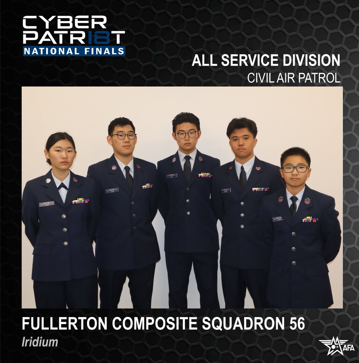 CyberPatriot's tweet photo. Say hello to the two teams representing Civil Air Patrol at the CyberPatriot 18 National Finals Competition! 𝗖𝘆𝗯𝗲𝗿 𝗠𝗼𝗻𝗸𝗲𝘆𝘀 from Burke Composite Squadron (Springfield, VA) and 𝗜𝗿𝗶𝗱𝗶𝘂𝗺 from Fullerton Composite Squadron (Fullerton, CA). #CP18Finals https://t.co/x4P8YGK0UH