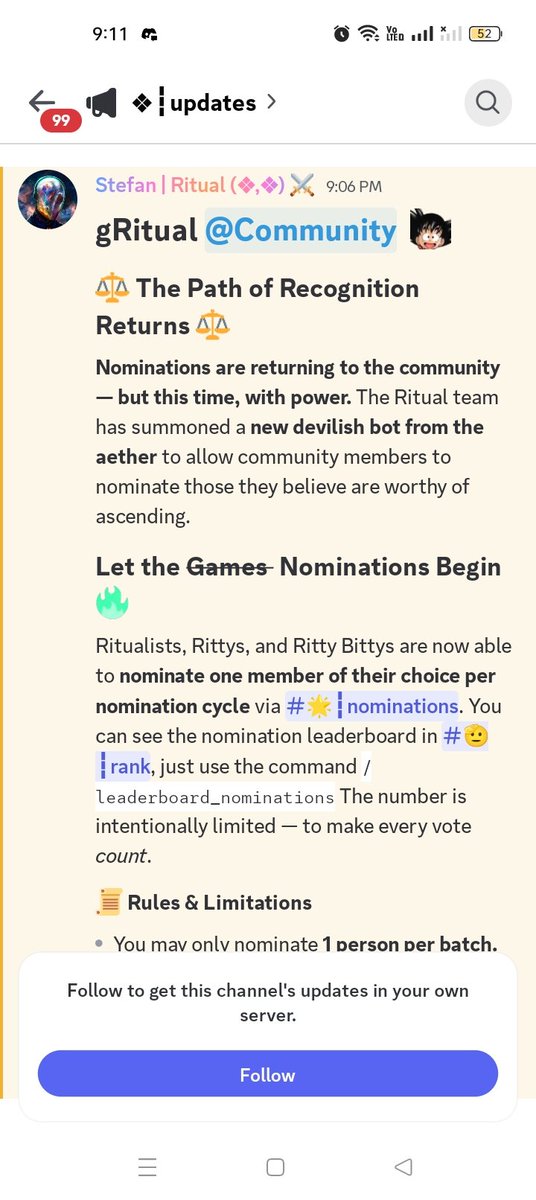 Here we go, now you have to go through the nomination process to get a role in <a href="/ritualfnd/">Ritual Foundation</a> discord 

<a href="/ritualnet/">Ritual</a> is going towards testnet and getting roles is tough now.

Note: one member can nominate only one member in one month.