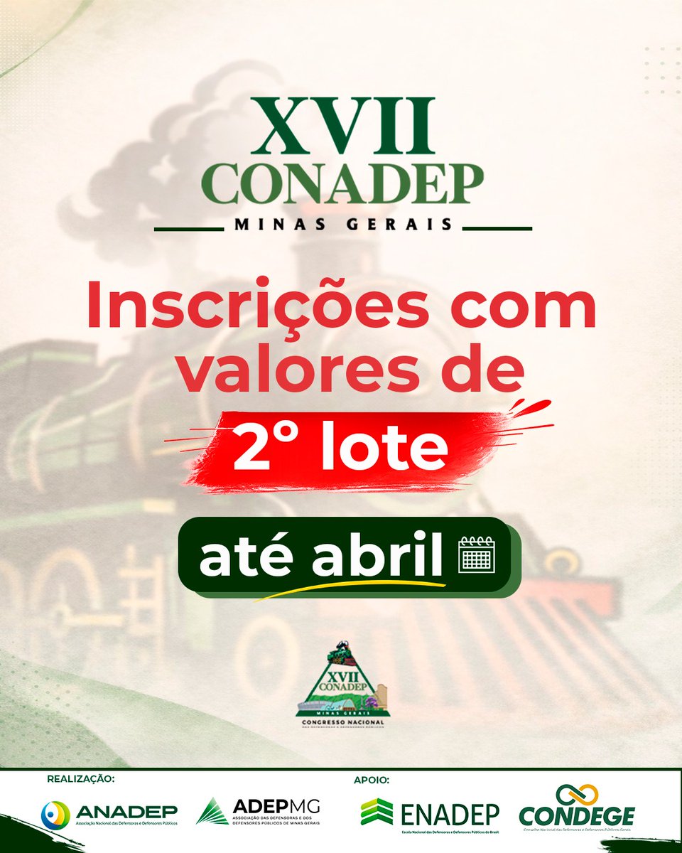 Virada de lote 📣
Interessados(as) em participar do XVII Congresso Nacional das Defensoras e Defensores Públicos  terão até o dia 27 de abril para realizar inscrição já com valores de 2º lote.  As inscrições devem ser feitas diretamente pelo site oficial: congressoanadep.org.br