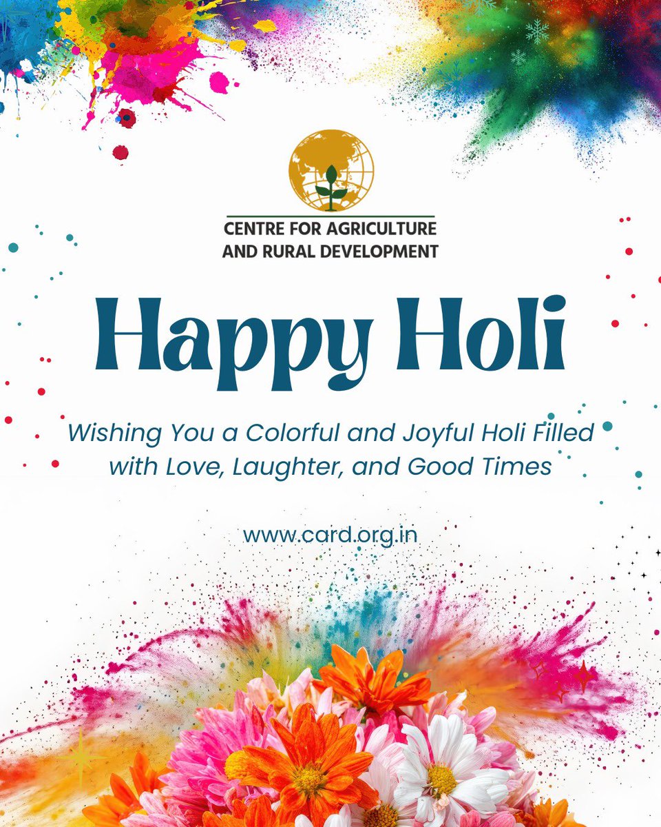 Card_Agri's tweet photo. ✨ 𝑯𝒂𝒑𝒑𝒚 𝑯𝒐𝒍𝒊 ✨
CARD wishes everyone a joyful and safe Holi. 
May this festival of colors bring prosperity to our fields, strength to our rural communities, and renewed hope for sustainable growth.🌾🌸
#happyholi #holi2026 #agriculture #rurallivelihood #farmers #Card https://t.co/t22a2xYv4J