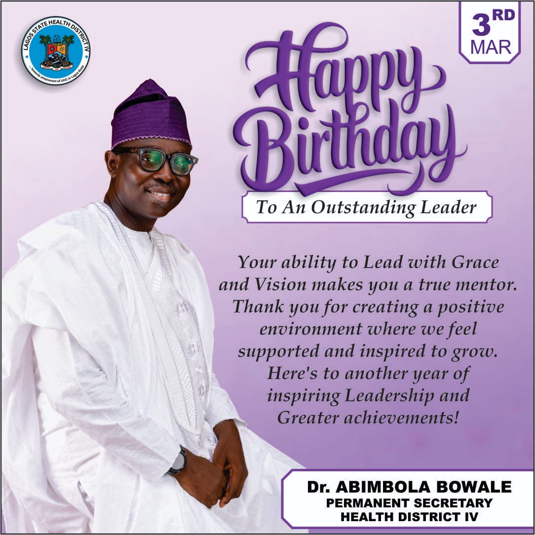 LagHDistrict04's tweet photo. Happy Birthday to an amiable and Visionary leader, Dr Abimbola Bowale, of Health District IV.
Your exemplary leadership is truly inspiring. May Almighty God grant you robust health, profound wisdom and divine protection.
#HDIV
#happybirthday
#longlife
#prosperity https://t.co/fouufpmGsI
